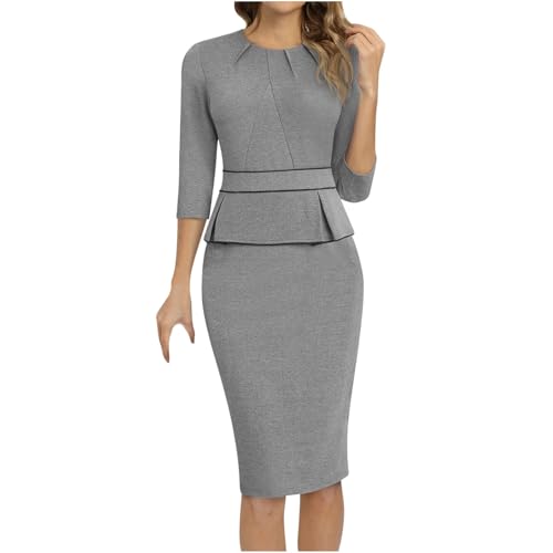 JOAU Womens Peplum Bodycon Pencil Midi Dress - Elegant 3/4 Sleeve Business Work Church Knee Length Slit Back Sheath Dresses
