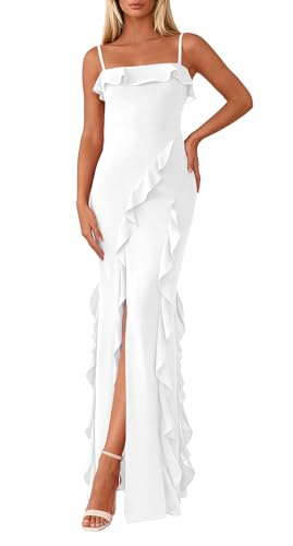 PRETTYGARDEN Women Bodycon Maxi Dress Mesh Ruffle Spaghetti Strap Square Neck Formal Cocktail...