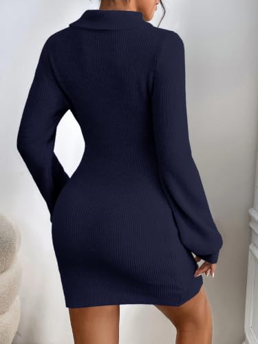 Image of Turtleneck Sweater Dress for Women Lantern Sleeve Mini Bodycon Ribbed Knit Sweater Pullover Short Dresses XS-XXL