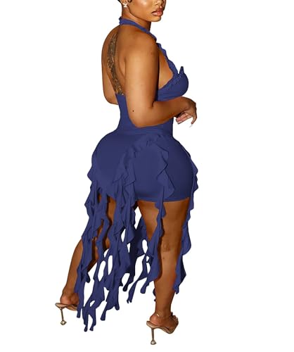 Image of Aro Lora Womens Sexy Halter Neck Sleeveless Ruffle Tassel Party Club Bodycon Mini Dress
