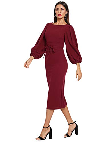 Floerns Women's Lantern Sleeve Tie Waist Midi Office Dress Burgundy L