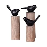 CREEDWOOD Vogel SKULPTUR Birdy 3er Set | Mangoholz, schwarz | Vogel Aufsteller, Vogel auf Holzstamm, Deko Figur, Holz Statue, Natur Vogeldeko Baumstamm