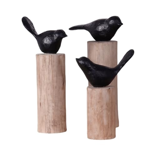 CREEDWOOD Vogel SKULPTUR Birdy 3er Set | Mangoholz, schwarz | Vogel Aufsteller, Vogel auf Holzstamm, Deko Figur, Holz Statue, Natur Vogeldeko Baumstamm