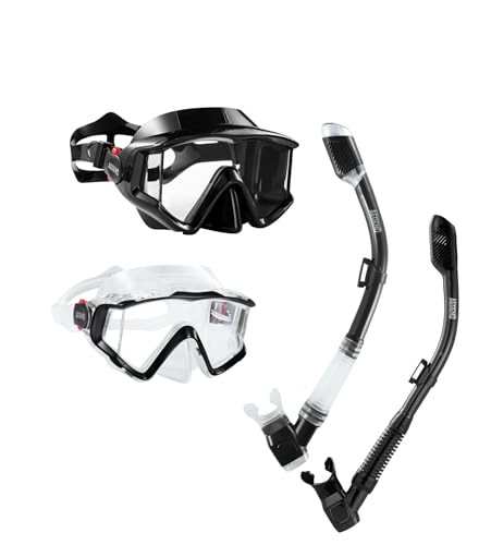 Aegend 2 Pack Snorkeling Gear for Adults, Dry Snorkel Set Panoramic View Enhanced Anti-Leak and Anti-Fog Technology, Adjustable Strap for Snorkeling Scuba Diving with Mesh Bag(Black&Clear Black)
