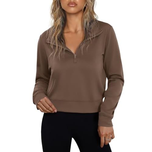 Totatuit Women Half Zip Up Cropped Lapel Sweatshirt Quarter Zipper Casual Long Sleeve Tops Fall Trendy Clothes Light Brown Medium