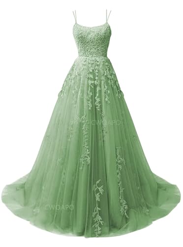 CWOAPO Lace Appliques Prom Dresses for Teens Ball Gown Long Spaghetti Straps Scoop Neck Wedding Dress with Train A Line Formal EveningSage Green US6