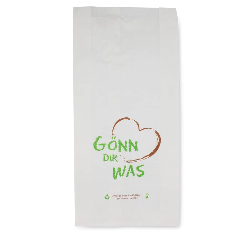 1000 Papier Faltenbeutel Bäckerfaltenbeutel Brötchentüten weiß mit Aufdruck "Gönn dir was" 35-40g Kraft verschiedene Größen zur Auswahl (16+6x36cm)