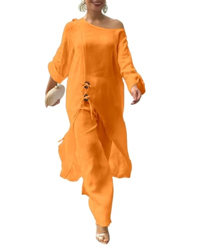 CHICME Women 2 Piece Outfits Cold Shoulder Long Sleeve Top Wide Leg Pants Linen Matching Lounge Set Casual Vacation Orange Outfits-M