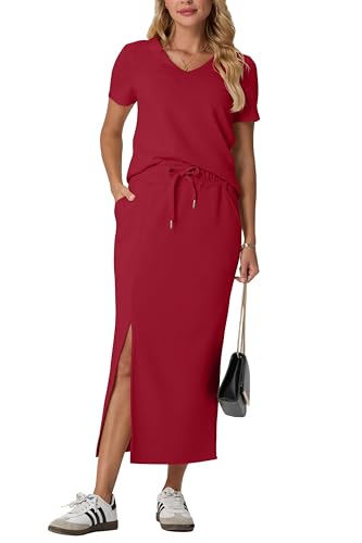 Image of GRECERELLE Women Summer Casual 2 Piece Sets V-Neck Wrinkle-Free Top & Elastic Waist Midi Side Slit Skirt with Pockets