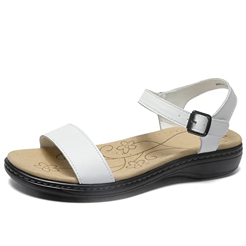 Image of Women's Classic Flat Sandals Leather Open Toes Memory Foam One Band Ankle Strap Adjustable Slip On Shoes