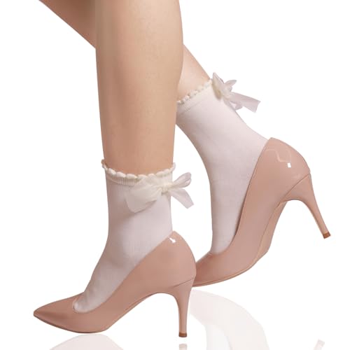 2PCS Women Ruffle Socks Knit Soft Frilly Crew Socks with Bow Anklet Socks Cute Casual Breathable Socks3
