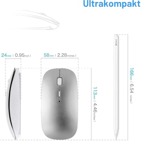 AE WISH ANEWISH Bluetooth Maus with USB-C-Adapter fur Mac/iPad/iPhone/PC/Computer, wiederaufladbar geräuschlos Mini Kabellose Maus für Windows/Linux/Android, 3 DPI Einstellbares Bluetooth 5.0 Silber 5