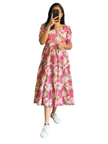 Midi Shirt Dress,Tribal Print, Flared Fit, Half Sleeves (in, Alpha, L, Pink)