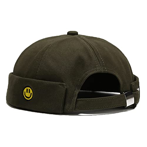 Unisex Docker Cap Hats Skullcap Beanie Worker Sailor Cap Brimless Cap Retro Rolled Cuff Skull Caps with Adjustable (Smiley-Dark Green)