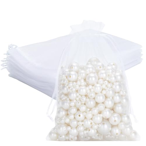 G2PLUS 25PCS White Organza Bags 5x7 inches Sheer Mesh Jewelry Pouches Organza Gift Bags with Drawstring for Candy Jewelry Wedding Party Favors