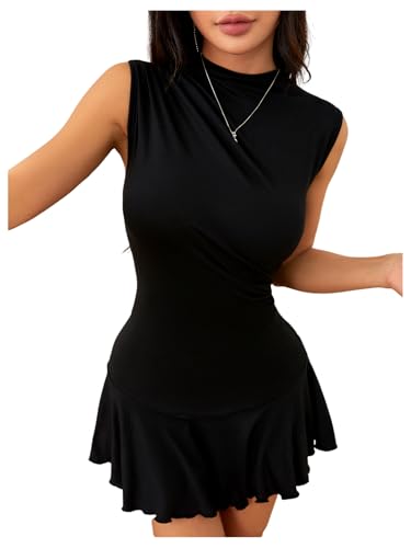 Image of Milumia Women's Mock Neck Short Dress Sleveless Ruched Ruffle Hem Romper