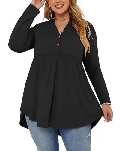 PLOKNRD Women's Plus Size Tops Long Sleeve Henley V Neck Button Up Flowy T Shirts Tunic Loose Blouses