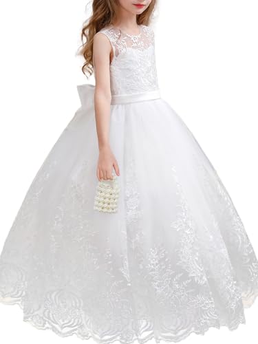 ABAO SISTER Flower Girl Dress Embroidery Tulle Lace for Kid Bridesmaid Birthday Party Communion Formal Princess Bow Ball Gown