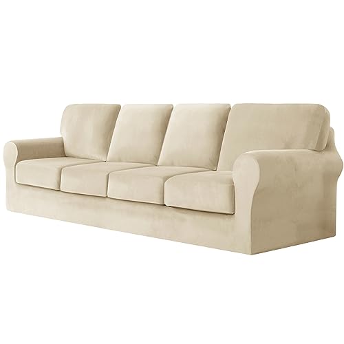 SYLC Sofa Cover with Separate Seat Cushions and Backrests Stretch Velvet Sofa Slipcover Couch Covers Furniture Protector Split Combined (Beige,Large 4 Seat Set 9 PCS)