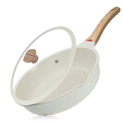 Vinchef Nonstick Deep Frying Pan, Saute Pan with Lid, 11"/5Qt, German 3C+ Ceramic Coating, Induction Compatible, White Color, Cookware for Kitchen