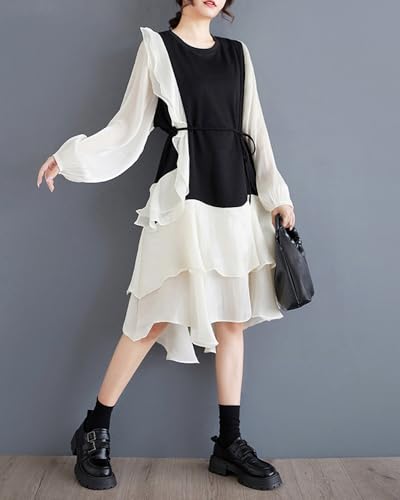 ellazhu Women's Dress Loose Oversize Casual Patchwork Drawstring Crewneck Mid Length Baggy GZ341 A3