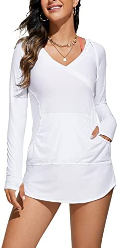 CRZ YOGA Womens UPF 250+ Hoodies Long Sleeve Rash Guard - Quick Dry Cover-Up Dress Swim Shirts Sun Protection Swimsuit Top White Small