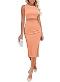 Pink Queen Women's Sexy Sleeveless Bodycon Dress Crew Neck Party Cocktail Ribbed Midi Dresses Peach XS