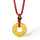ZHOU LIU FU 24K Pure Gold Belessing Pendant Circle Peace Buckle Koi Fish Lotus Flower Gold Pendant Necklace with Garnet Bead Red Rope Necklace for Women Men