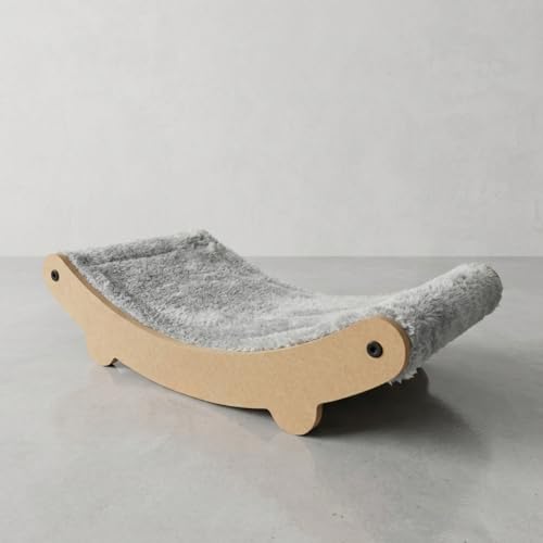 Image of Cat Hammock Bed with Plush Cushion, Wooden Curved Rocker Design, 23x13x6 Inch, Premium Comfort Lounger for Cats (FURR-162) (Grey)