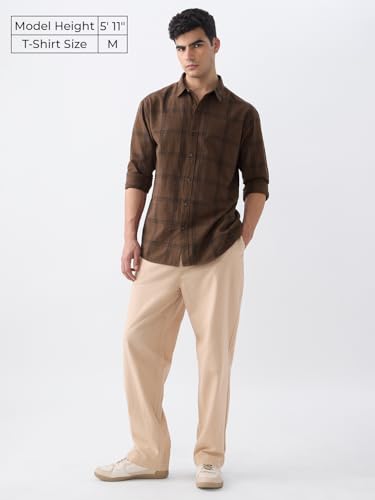 Image of The Souled Store: Blue Sails Men and Boys Long Sleeve Collared Neck Button Front Blue and Cream Checked Embroidered Regular Fit Cotton Linen Shirt