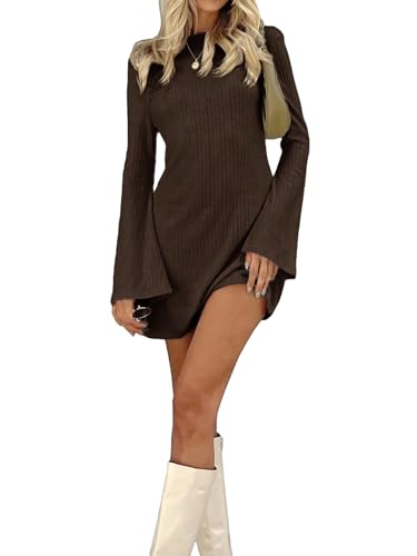 Verdusa Women's Backless Round Neck Flare Long Sleeve Tie Back Knitted Mini Dress