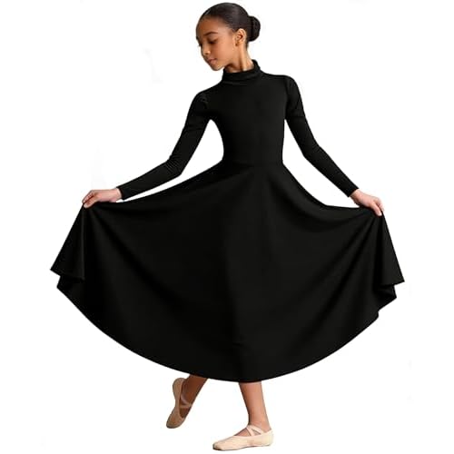 MOLLDAN Girls Praise Dance Dress High Neck Long Sleeve Liturgical Church Worship Fit Full Length,Breathable Lined Black 10-12 Years