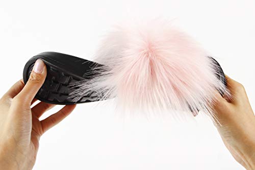Image of Hangrui Women's Faux Fur Slides, Open Toe Cute Fluffy Slippers, Comfortable Furry Sandals