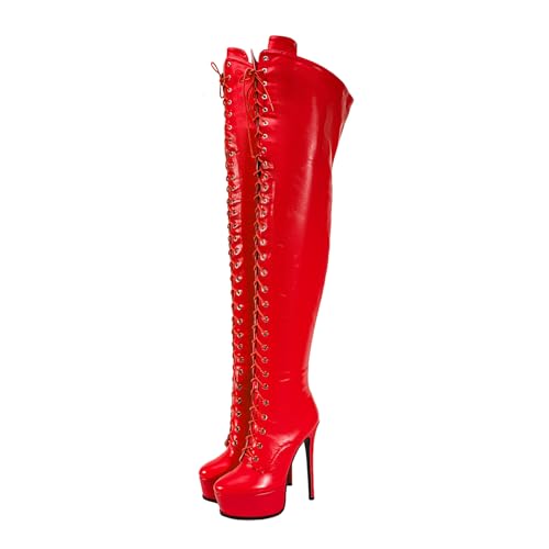 Image of Shiny leather Thigh high boots for Women Stiletto heel Platform Over the knee Round toe back zipper Sexy Front Strappy high heel Cosplay Custume unisex boots