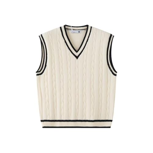 Vintage V-Neck Turtleneck Vest for Men, Retro College Style, Cable Knitted Sweater, Solid Color Sleeveless Pullover for Fall/Winter(XXL, White)