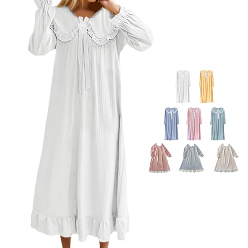 Generisch Damen Nachthemd Langarm Viktorianisch Lang Nachtkleid mit Schleife & Spitzenbesatz, Sleepwear Nachthemden Leichte Nachtwäsche Langes...