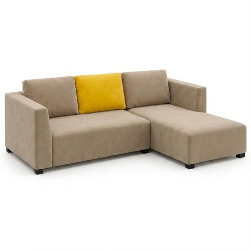Image of FURNY Olympus 4 Seater RHS L Shape Sofa Set | Plush Velvet Suede Fabric | Modern Design | Soft Comfort Dual Color Cushions for Living Room, Office & Hotels (Beige-Yellow)