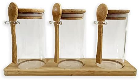 CUBE HOME Set of 3 glass jars with spoons, bamboo lids/rack, airtight fit. Glass jar with spoon/lid canister for kitchen storage, food spice jars tea coffee pot sugar condiment seasoning containers