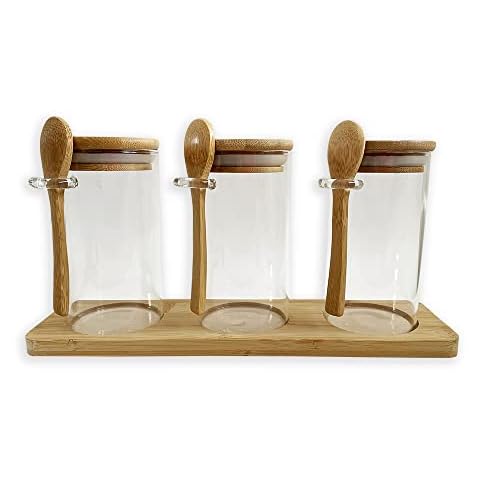 Set of 3 glass jars with spoons, bamboo lids/rack, airtight fit. Glass jar with spoon/lid canister for kitchen storage, food spice jars tea coffee pot sugar condiment seasoning containers by Cube Home Cover