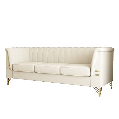 83.46\" Inch Velvet Sofa for Living Room,Olodumare Mid-Century Upholstered Couch with Flared Arms and Solid Wood Frame (Beige)