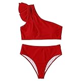 Traje de baño de 2 piezas para mujer, color liso, suave, con volantes, ropa de playa, hombros y tirantes anchos, sin espalda