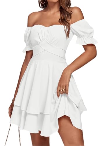 LYANER Women's Off Shoulder Tie Back Wrap Layer Ruffle Short Sleeve Mini Dress Solid White Medium