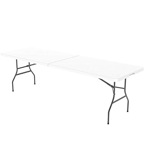 Todeco - Mesa Plegable Portátil, Mesa de Plástico Resistente - Material: HDPE - Carga máxima: 100 kg - 240 x 76 cm, Blanco, Plegable por la mitad