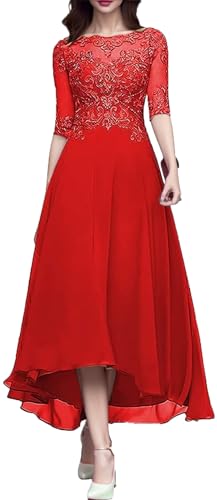 Women's A Line Tea Length Mother of The Bride Dresses with Sleeve Lace Applique Chiffon Formal Evening Gown