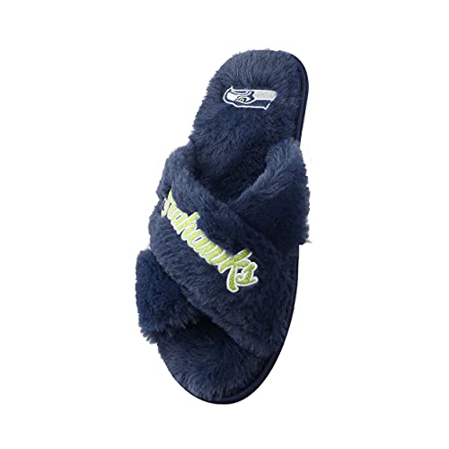 Image of FOCO Womens NFL Team Script Wordmark Fuzzy Cross Slide Slippers