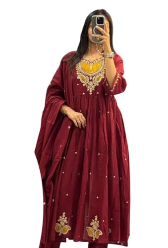 Image of The Innerlight Company Women's Cotton Embroidered Anarkali Salwar Suit Set with Dupatta Set (Maroon-XXL)