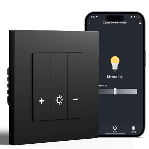 BSEED Smart Zigbee, interruttore dimmer da incasso, interruttore della luce compatibile con Alexa/Google Home/Tuya, telaio PC, richiede un conduttore zero e un gateway Zigbee, nero