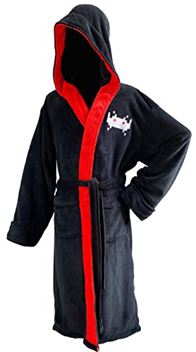 Groovy Uk Space Invaders Men's Fleece Hooded Bathrobe, One Size, Black/Red