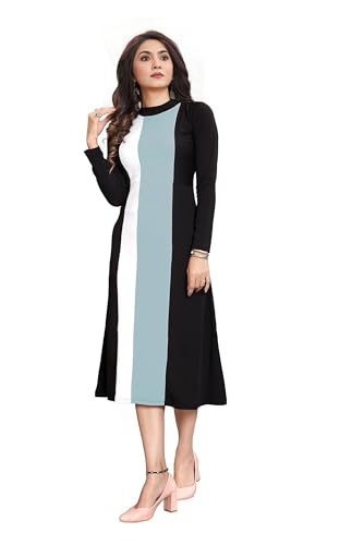 Image of LONDON BELLY Women's Poly Cotton Maxi Dress with 3 /4 Sleeves Round Boat Neck Striped Pattern Regular Fit and Calf Length | Womens Maxi Dress Cotton | Stylish Trending Dresses for Woman