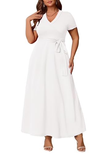 Runwind Womens Plus Size Maxi Dress Short Sleeve Casual Summer Long Dress Solid V-Neck Dresses White